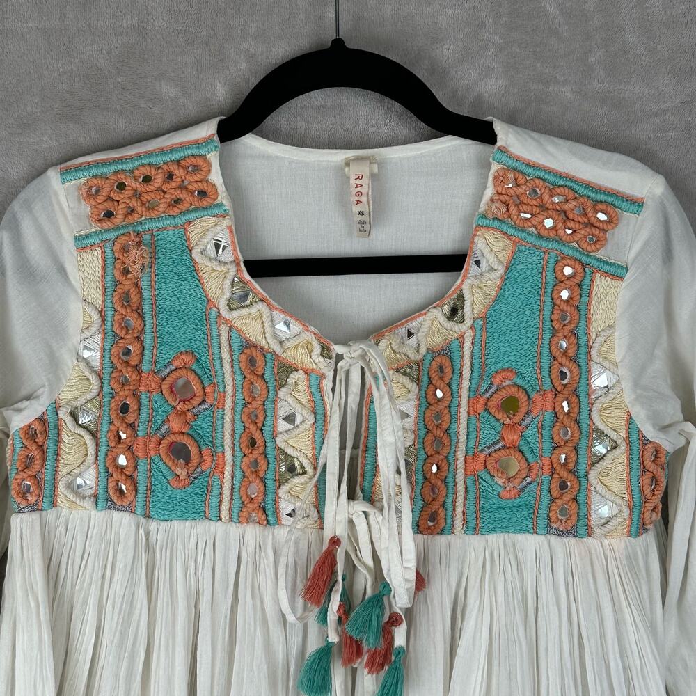 Raga Top Women Extra Small Cream Embroidered Coastland Babydoll Boho Festival - Picture 2 of 16